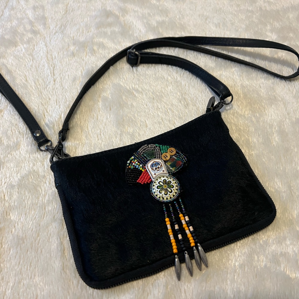 Authentic Italian Leather & Pony Hair Crossbody Bag & Wristlet, Beaded Design